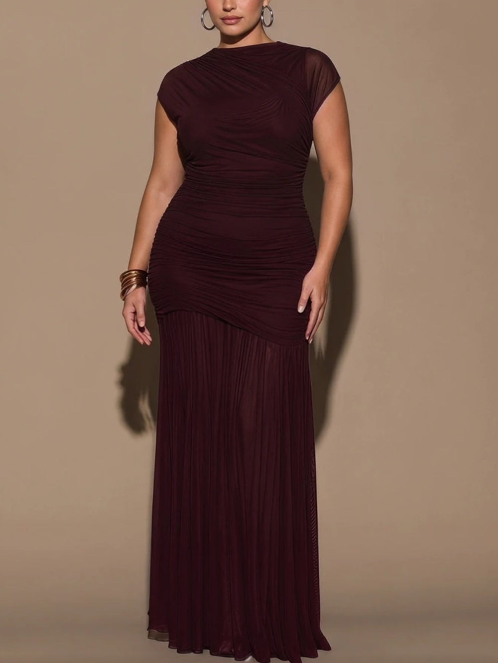 Elegant Burgundy Ruched Sheer Maxi Dress - Picture 3 of 6